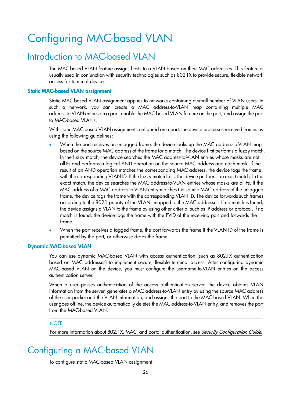 Configuring mac-based vlan, Introduction to mac-based vlan, Static mac-based vlan assignment | Dynamic mac-based vlan, Configuring a mac-based vlan | H3C Technologies H3C WX3000E Series Wireless Switches User Manual | Page 36 / 133