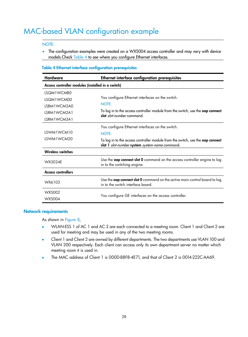 Mac-based vlan configuration example, Network requirements | H3C Technologies H3C WX3000E Series Wireless Switches User Manual | Page 38 / 133