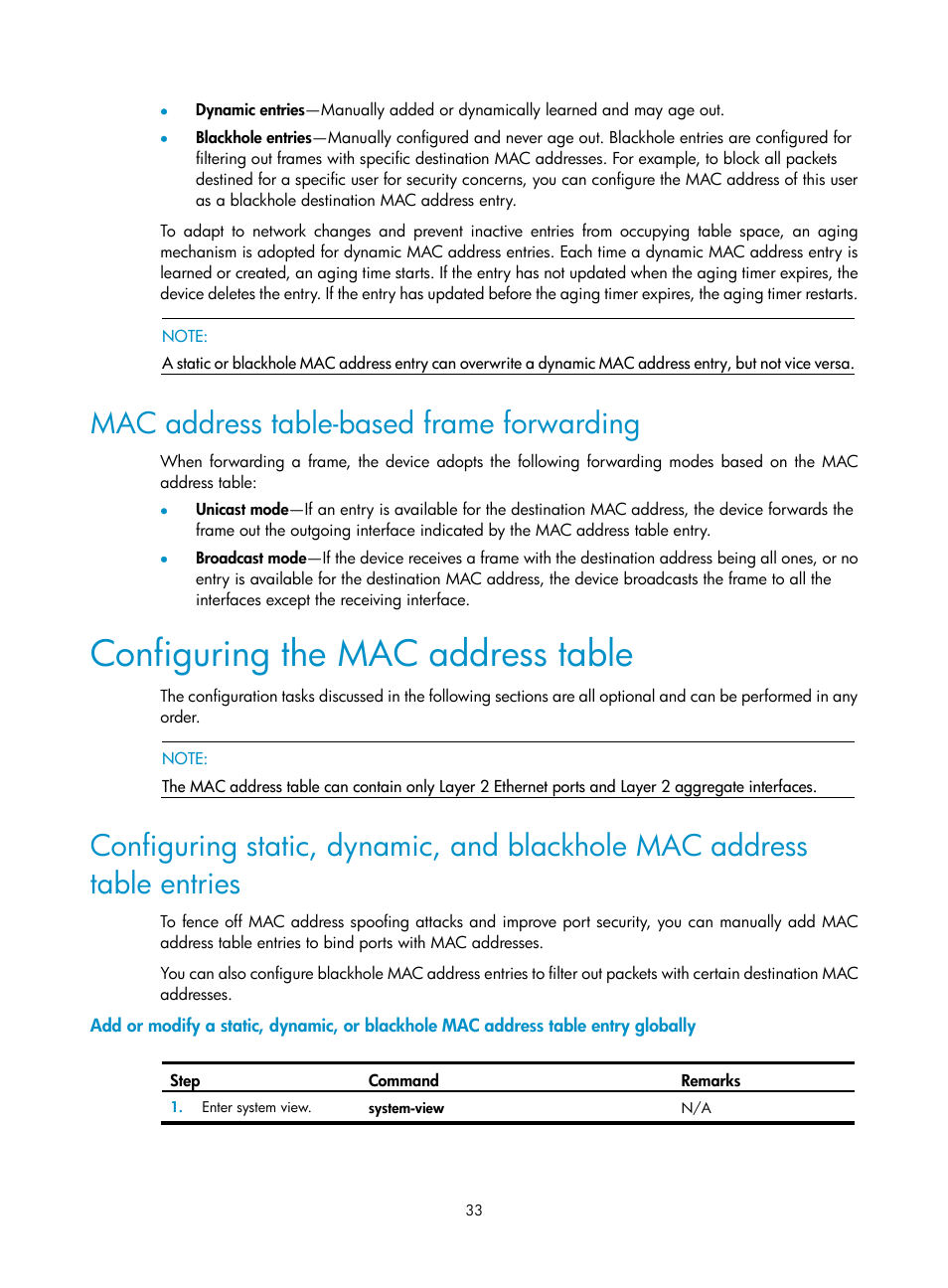 Mac address table-based frame forwarding, Configuring the mac address table | H3C Technologies H3C WX3000E Series Wireless Switches User Manual | Page 43 / 133