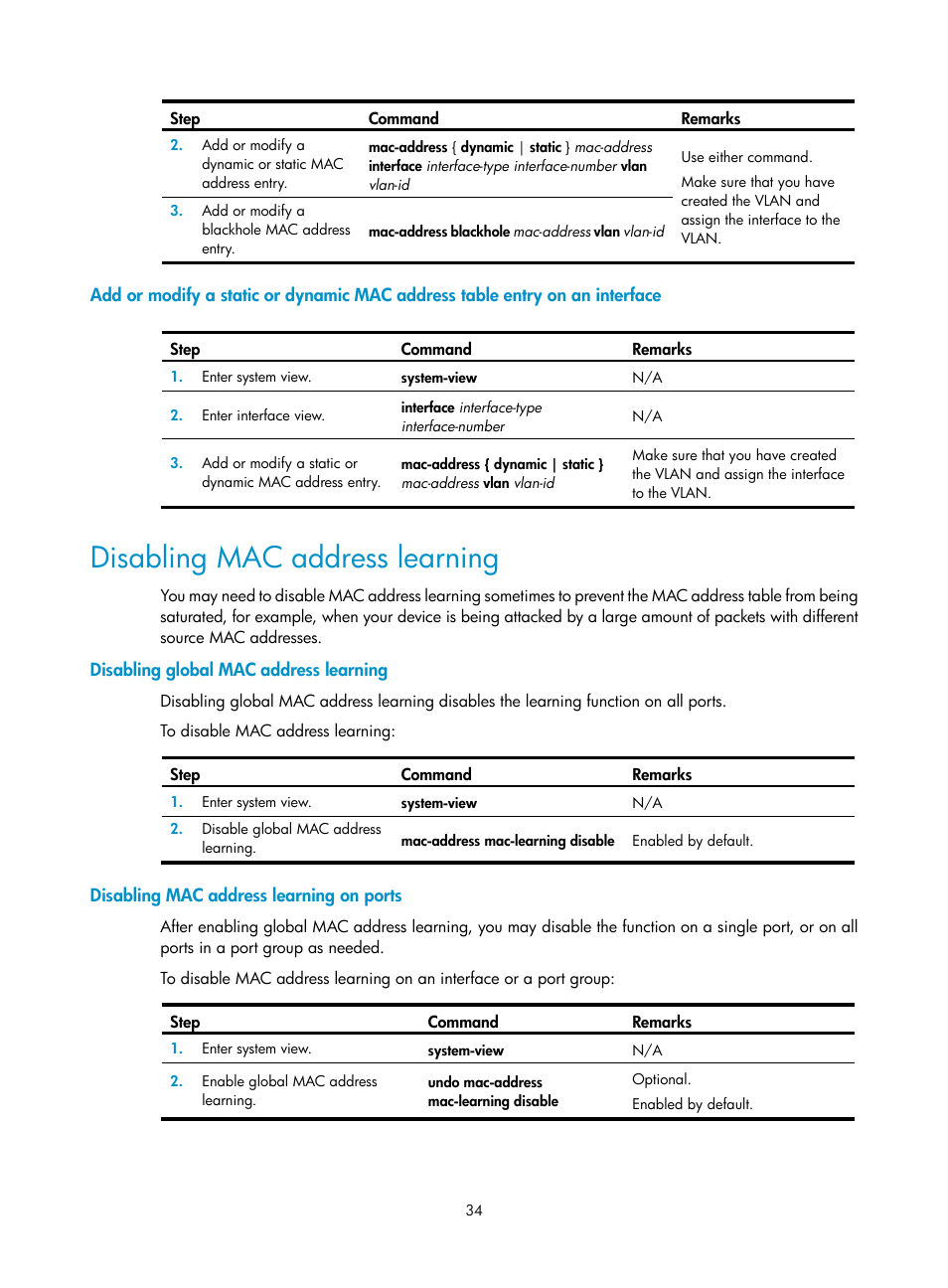 Disabling mac address learning, Disabling global mac address learning, Disabling mac address learning on ports | H3C Technologies H3C WX3000E Series Wireless Switches User Manual | Page 44 / 133