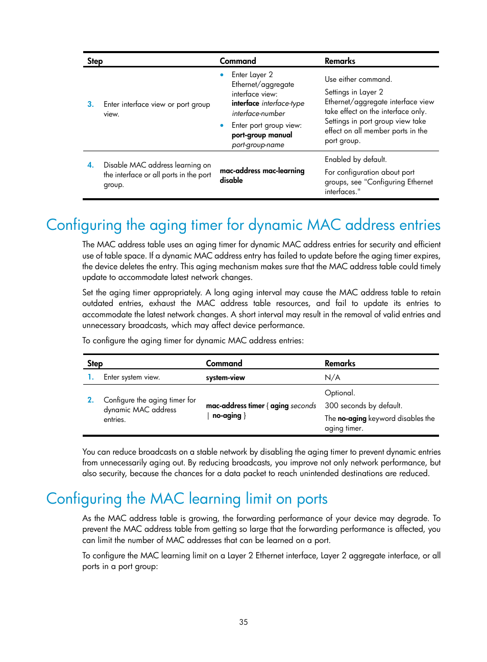 Configuring the mac learning limit on ports | H3C Technologies H3C WX3000E Series Wireless Switches User Manual | Page 45 / 133