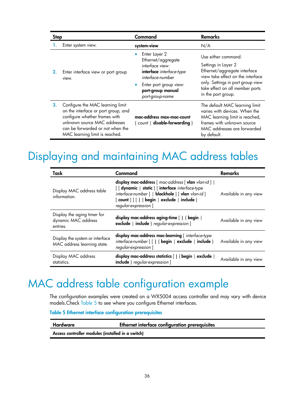 Displaying and maintaining mac address tables, Mac address table configuration example | H3C Technologies H3C WX3000E Series Wireless Switches User Manual | Page 46 / 133