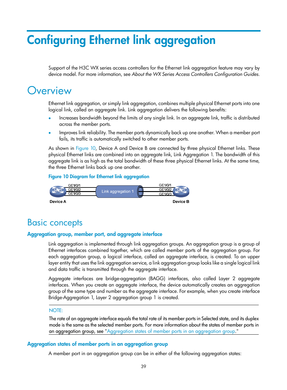 Configuring ethernet link aggregation, Overview, Basic concepts | H3C Technologies H3C WX3000E Series Wireless Switches User Manual | Page 49 / 133