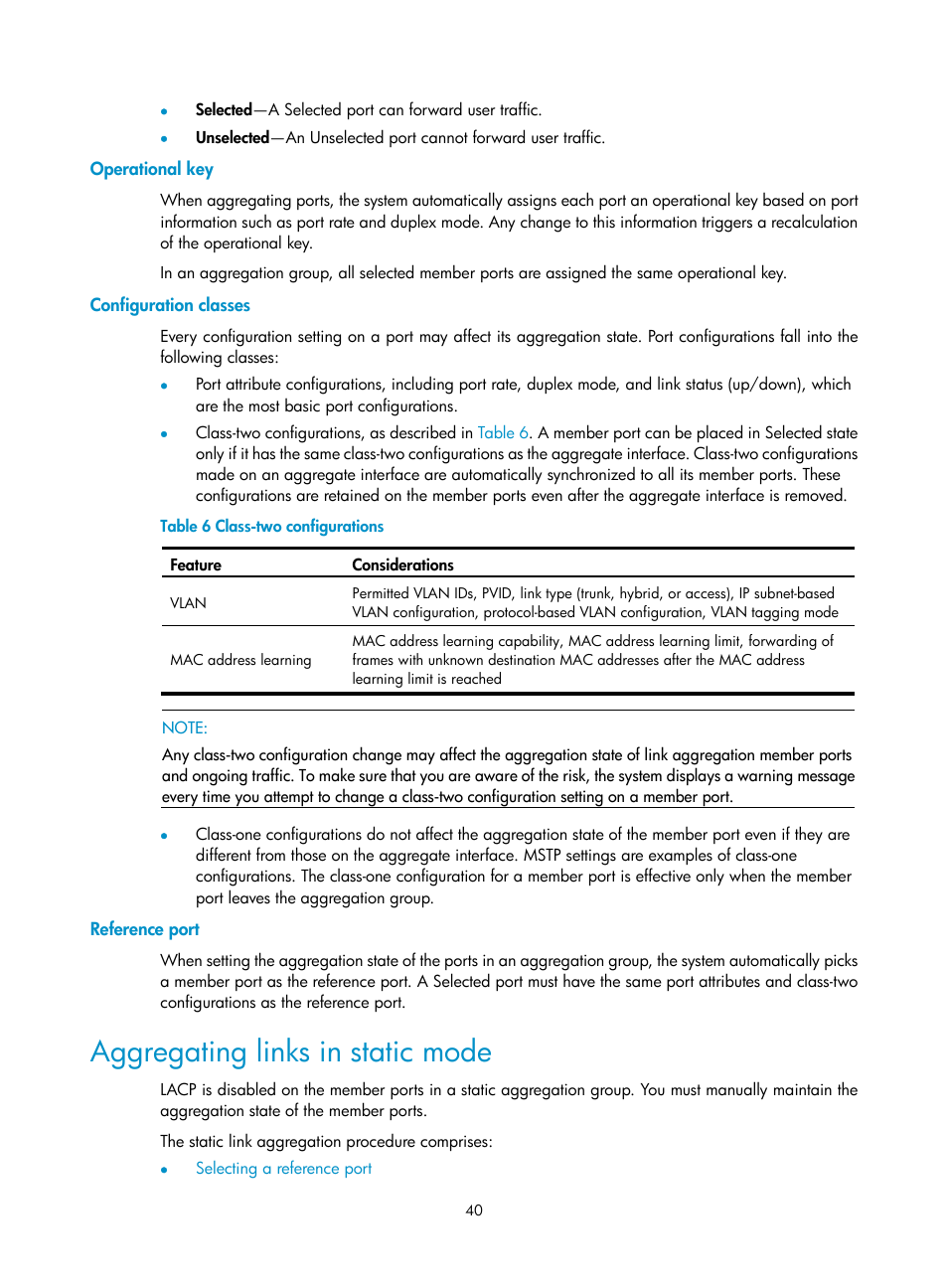 Operational key, Configuration classes, Reference port | Aggregating links in static mode | H3C Technologies H3C WX3000E Series Wireless Switches User Manual | Page 50 / 133