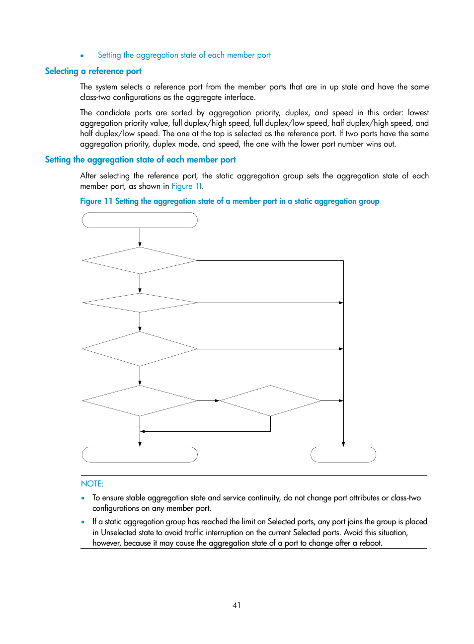 Selecting a reference port, Setting the aggregation state of each member port | H3C Technologies H3C WX3000E Series Wireless Switches User Manual | Page 51 / 133