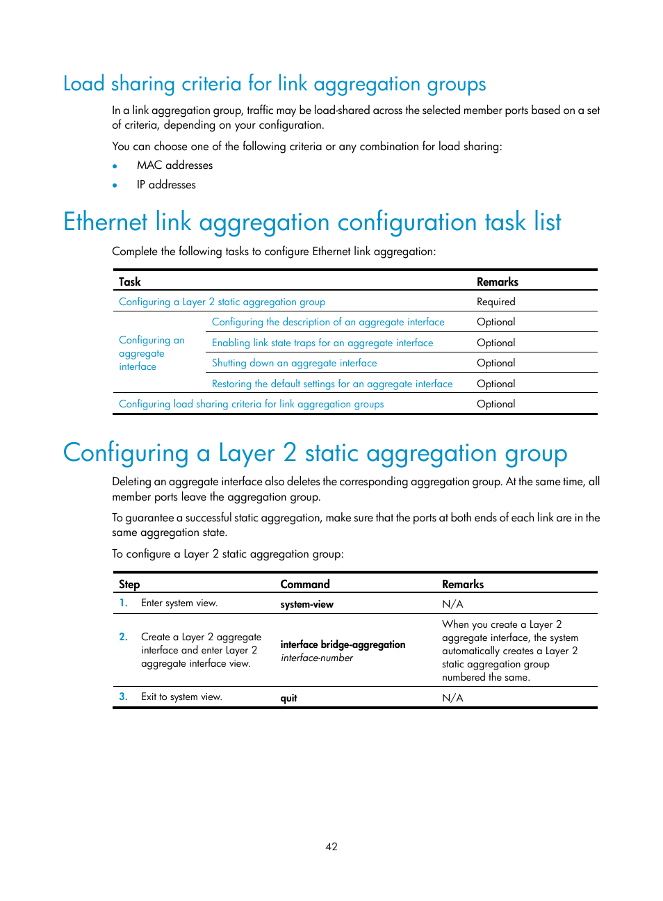 Load sharing criteria for link aggregation groups, Ethernet link aggregation configuration task list, Configuring a layer 2 static aggregation group | H3C Technologies H3C WX3000E Series Wireless Switches User Manual | Page 52 / 133