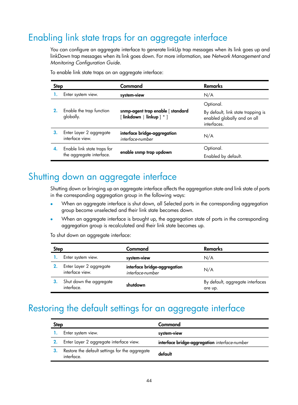 Shutting down an aggregate interface | H3C Technologies H3C WX3000E Series Wireless Switches User Manual | Page 54 / 133