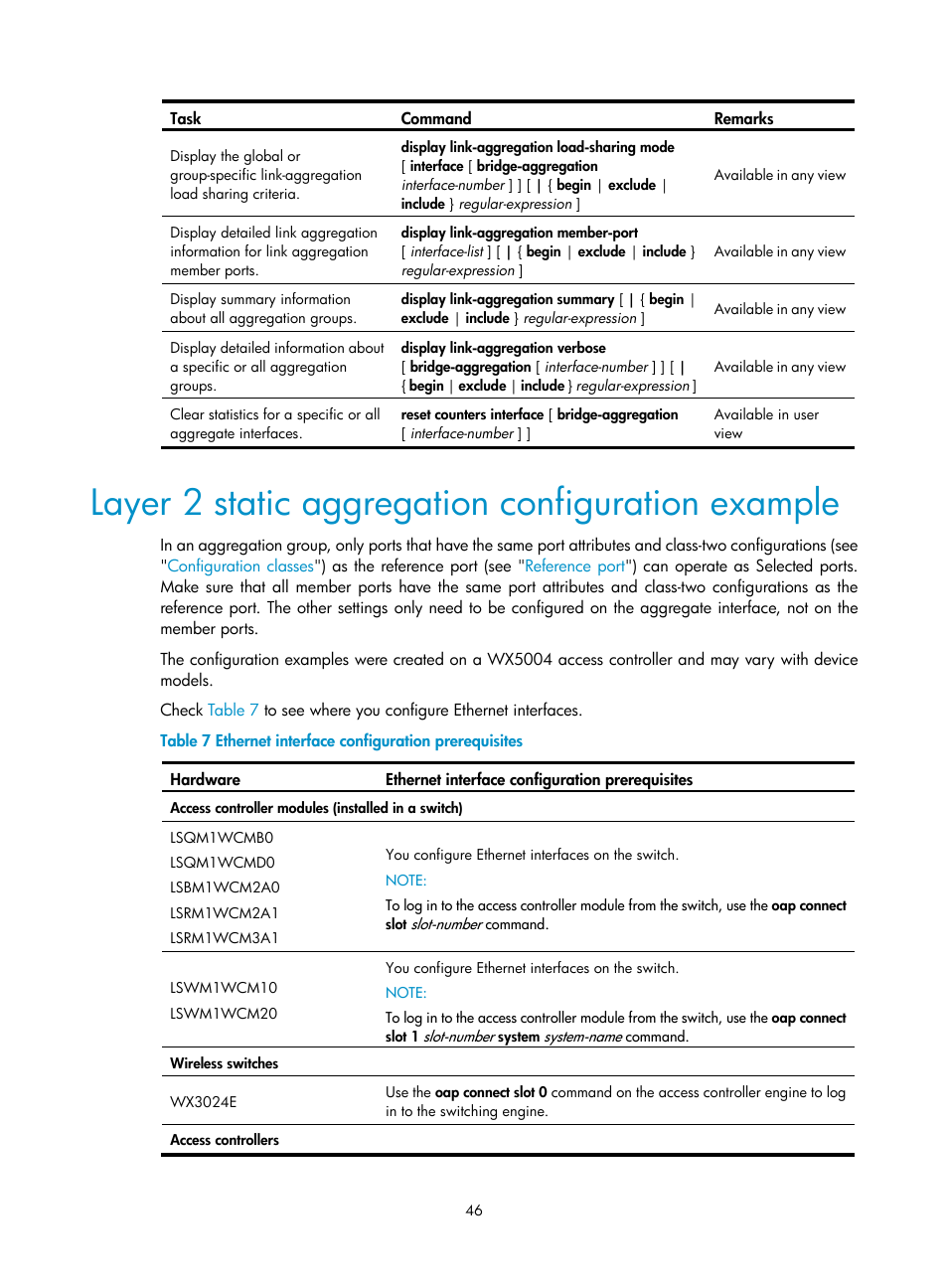 Layer 2 static aggregation configuration example | H3C Technologies H3C WX3000E Series Wireless Switches User Manual | Page 56 / 133