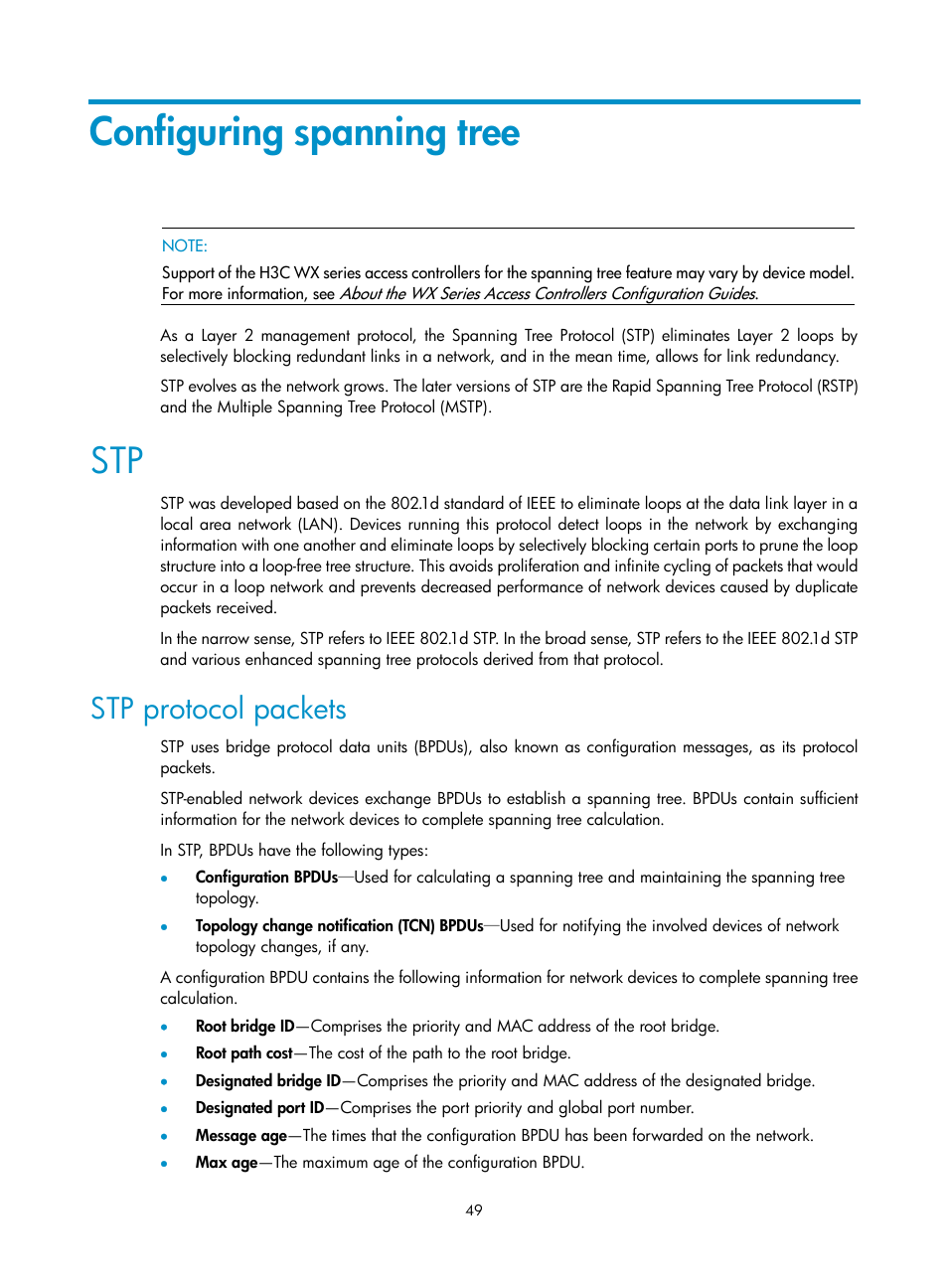 Configuring spanning tree, Stp protocol packets | H3C Technologies H3C WX3000E Series Wireless Switches User Manual | Page 59 / 133