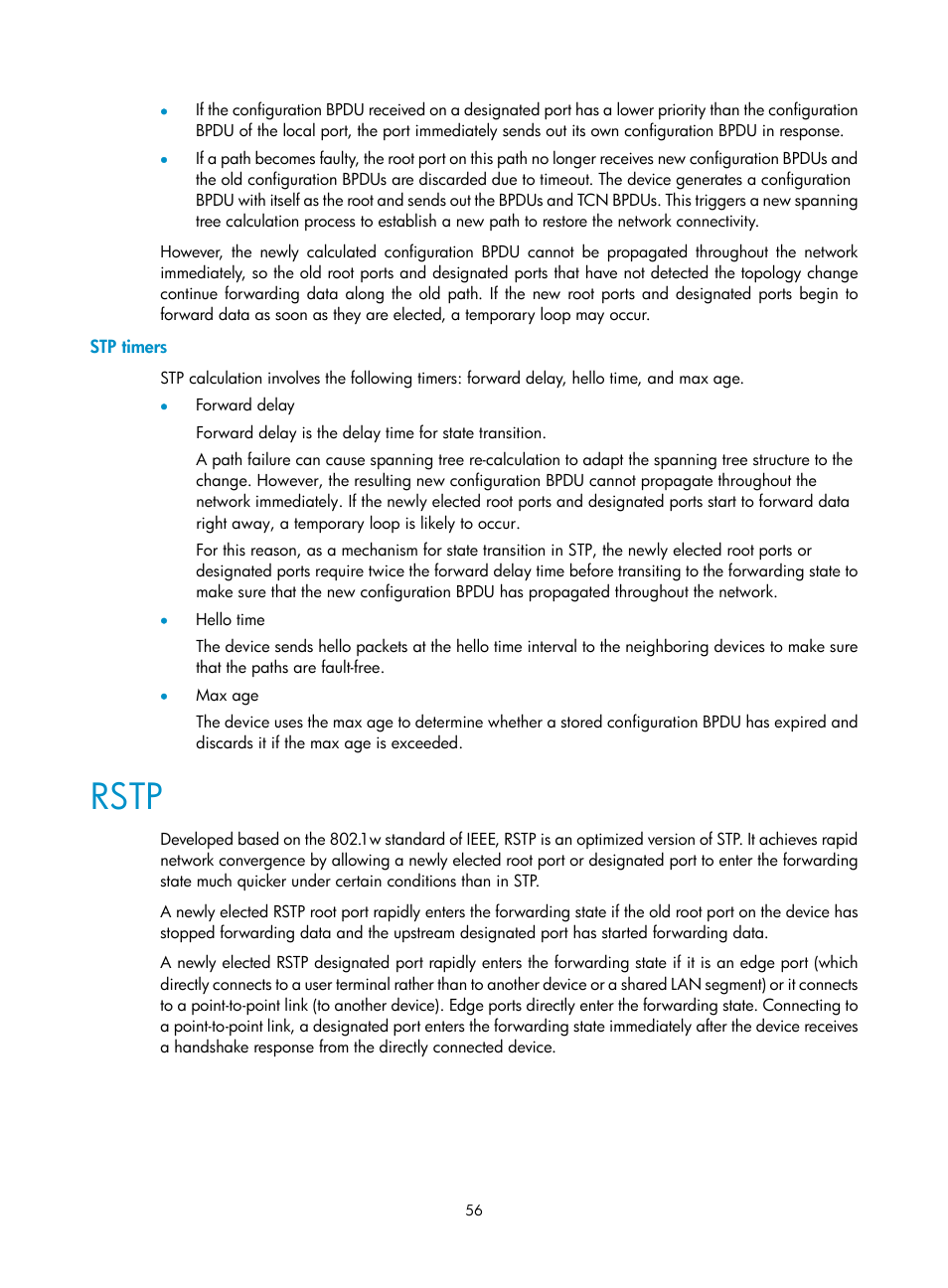 Stp timers, Rstp | H3C Technologies H3C WX3000E Series Wireless Switches User Manual | Page 66 / 133