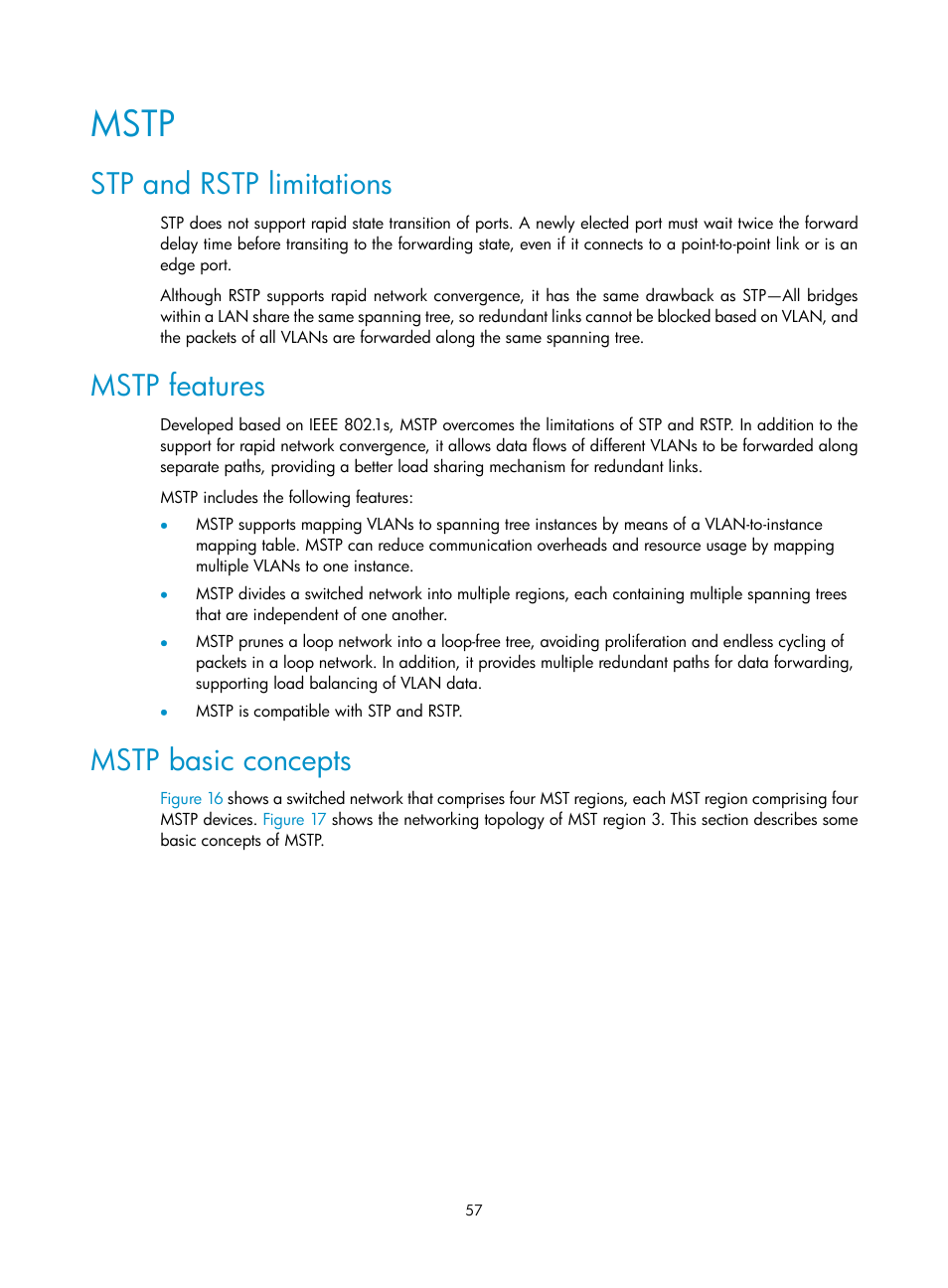 Mstp, Stp and rstp limitations, Mstp features | Mstp basic concepts | H3C Technologies H3C WX3000E Series Wireless Switches User Manual | Page 67 / 133