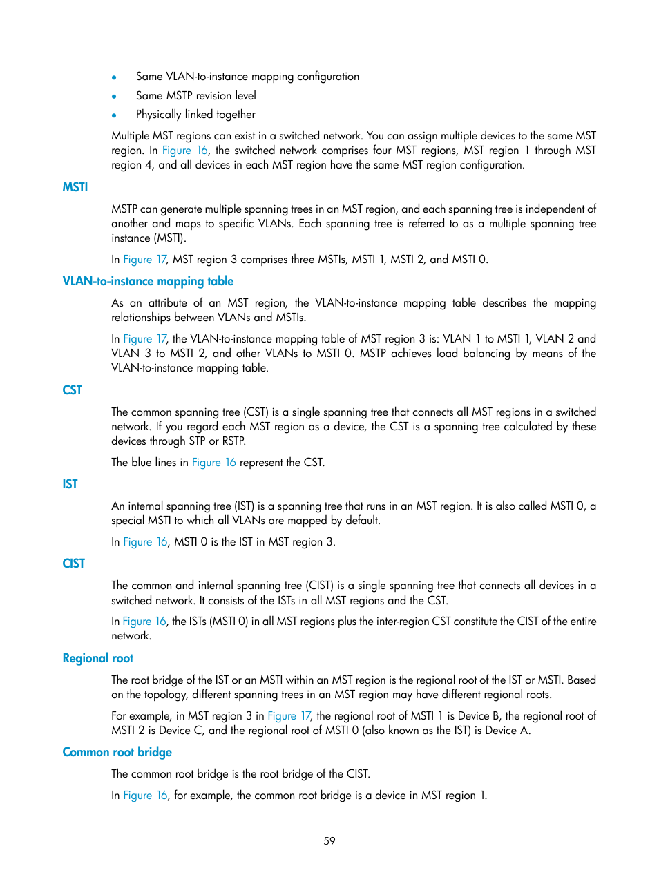 Msti, Vlan-to-instance mapping table, Cist | Regional root, Common root bridge | H3C Technologies H3C WX3000E Series Wireless Switches User Manual | Page 69 / 133