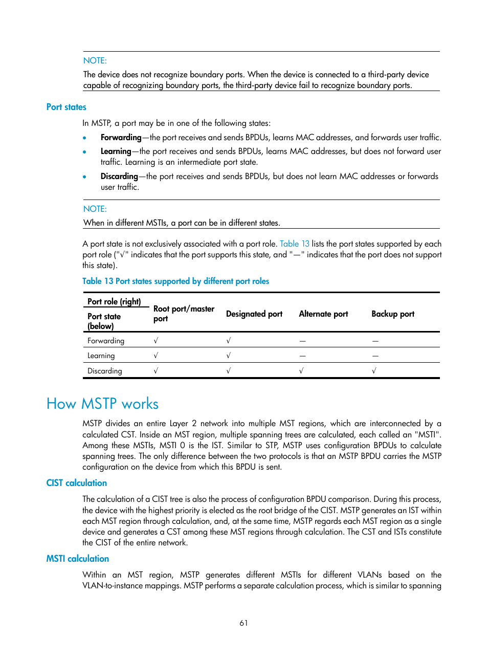 Port states, How mstp works, Cist calculation | Msti calculation | H3C Technologies H3C WX3000E Series Wireless Switches User Manual | Page 71 / 133