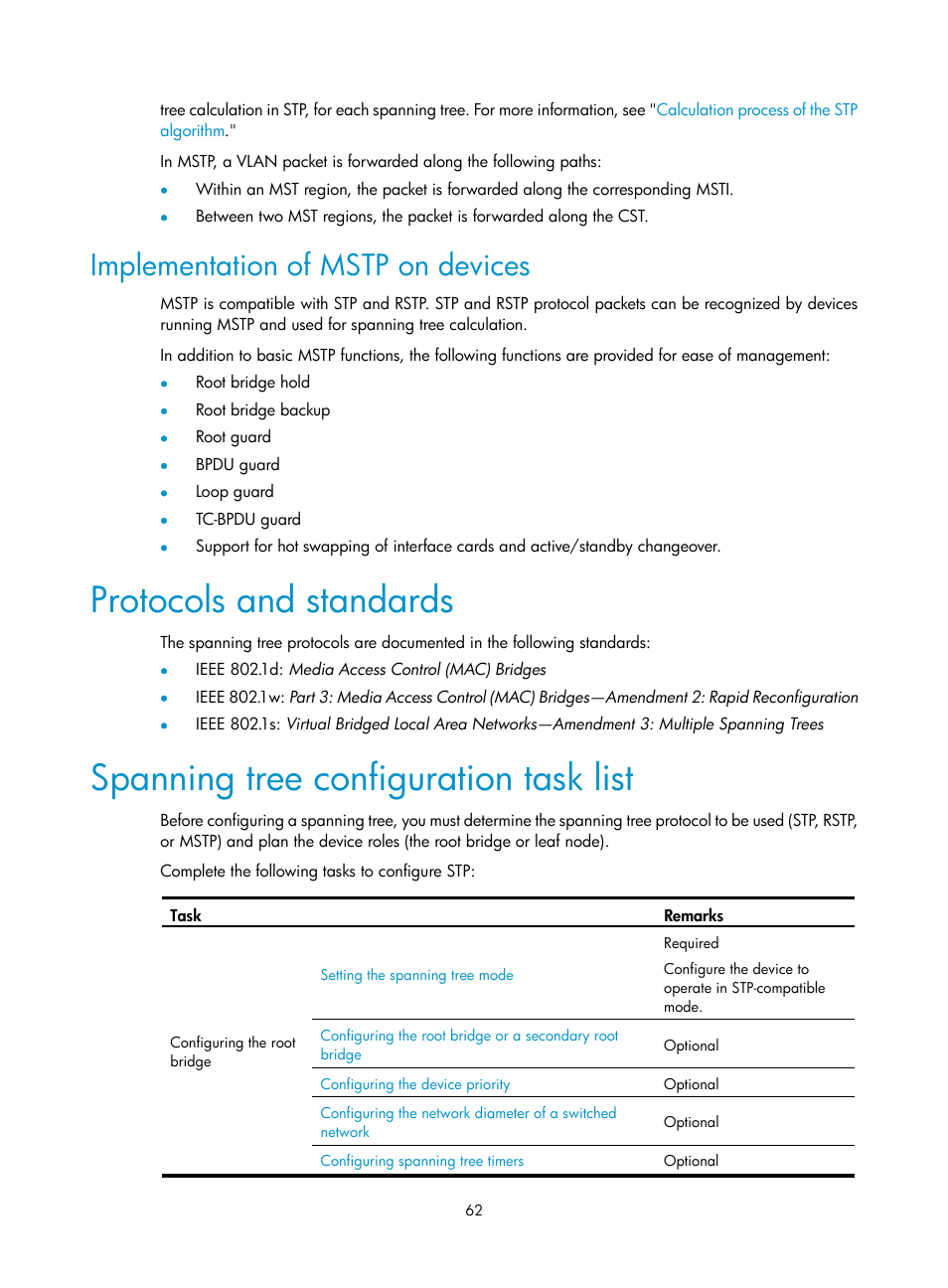 Implementation of mstp on devices, Protocols and standards, Spanning tree configuration task list | H3C Technologies H3C WX3000E Series Wireless Switches User Manual | Page 72 / 133