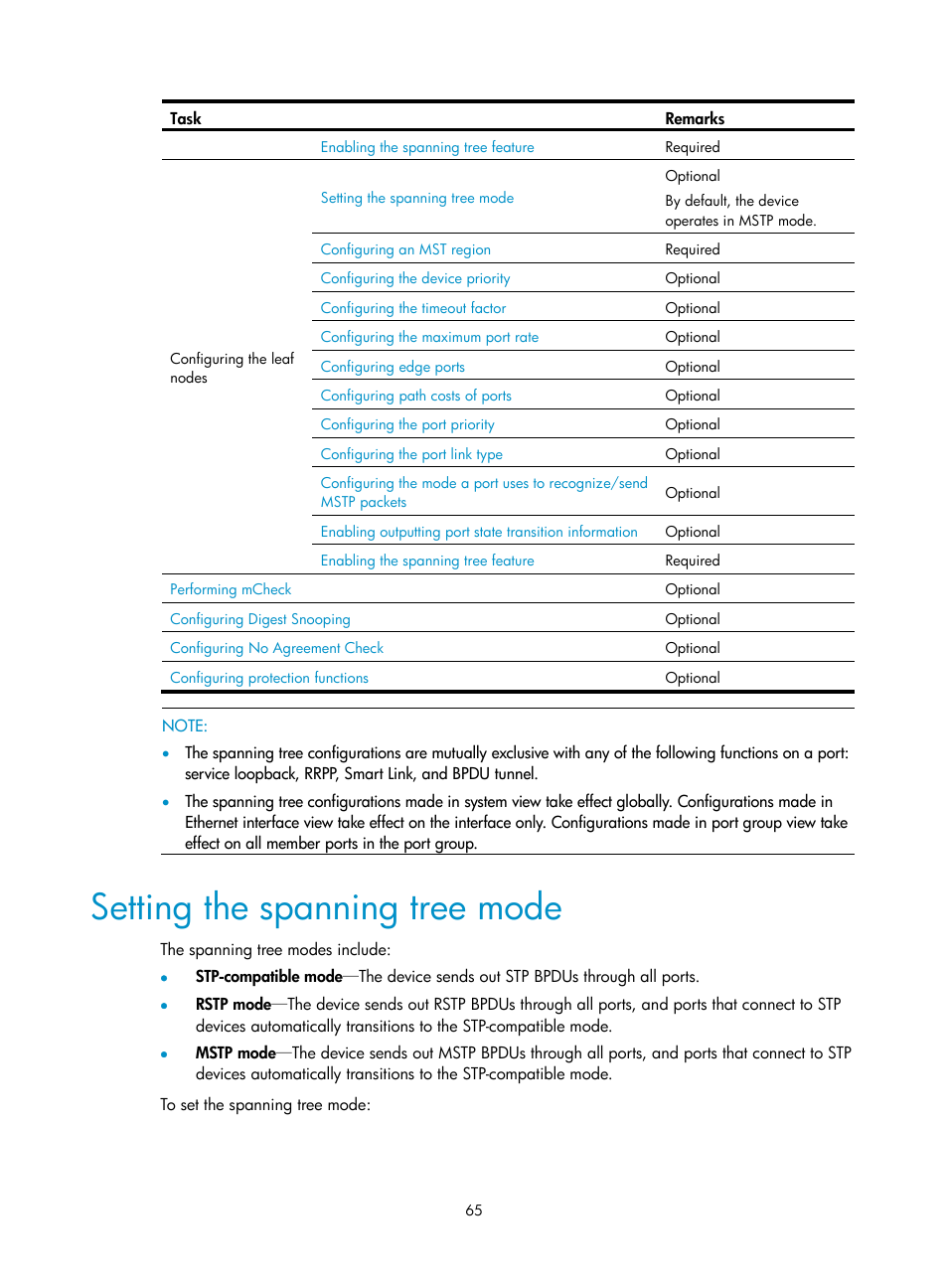 Setting the spanning tree mode | H3C Technologies H3C WX3000E Series Wireless Switches User Manual | Page 75 / 133