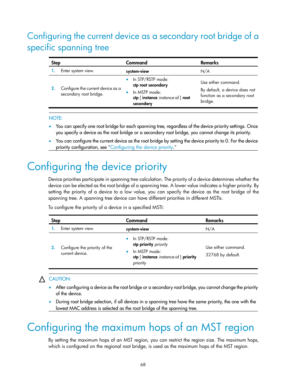 Configuring the device priority, Configuring the maximum hops of an mst region | H3C Technologies H3C WX3000E Series Wireless Switches User Manual | Page 78 / 133