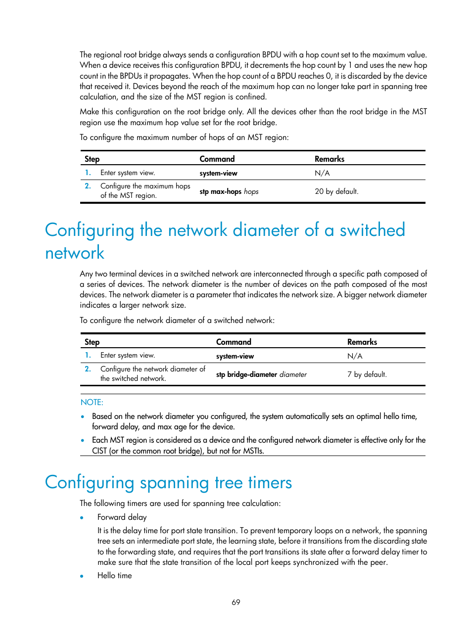 Configuring spanning tree timers | H3C Technologies H3C WX3000E Series Wireless Switches User Manual | Page 79 / 133