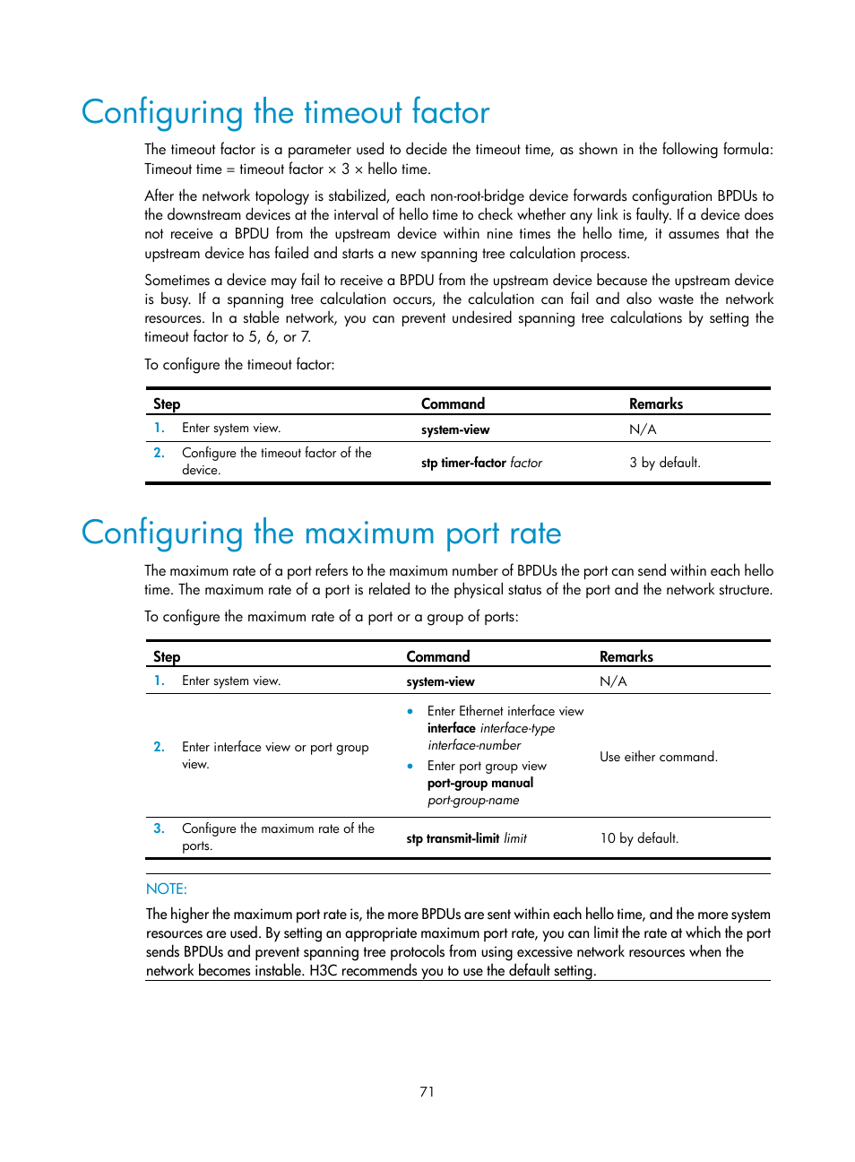 Configuring the timeout factor, Configuring the maximum port rate | H3C Technologies H3C WX3000E Series Wireless Switches User Manual | Page 81 / 133