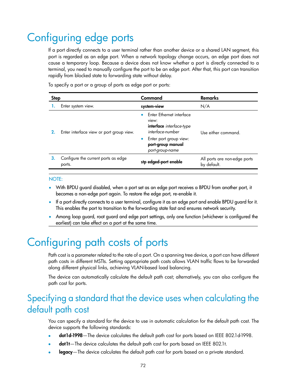 Configuring edge ports, Configuring path costs of ports | H3C Technologies H3C WX3000E Series Wireless Switches User Manual | Page 82 / 133