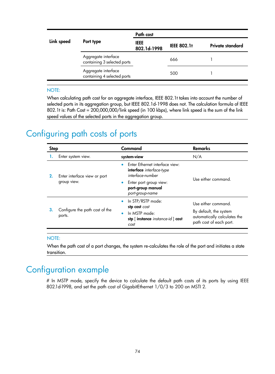 Configuring path costs of ports, Configuration example | H3C Technologies H3C WX3000E Series Wireless Switches User Manual | Page 84 / 133