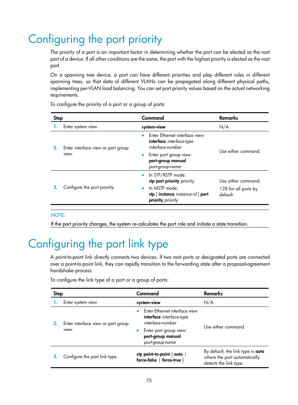 Configuring the port priority, Configuring the port link type | H3C Technologies H3C WX3000E Series Wireless Switches User Manual | Page 85 / 133