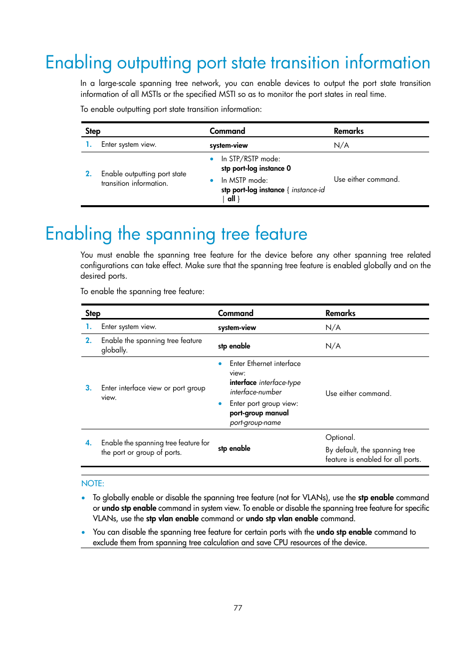 Enabling the spanning tree feature | H3C Technologies H3C WX3000E Series Wireless Switches User Manual | Page 87 / 133