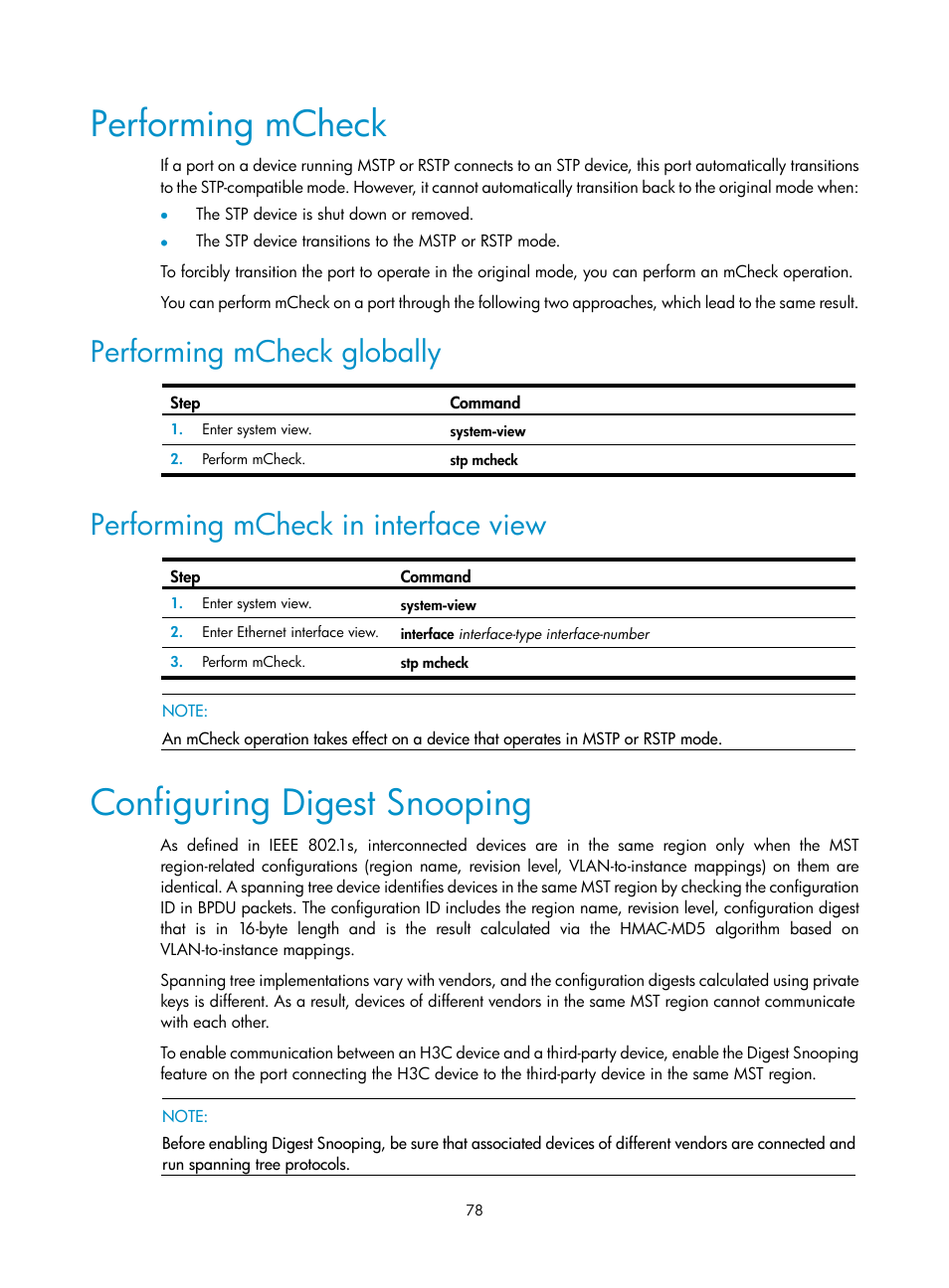 Performing mcheck, Performing mcheck globally, Performing mcheck in interface view | Configuring digest snooping | H3C Technologies H3C WX3000E Series Wireless Switches User Manual | Page 88 / 133