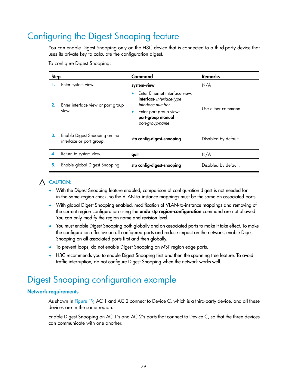 Configuring the digest snooping feature, Digest snooping configuration example, Network requirements | H3C Technologies H3C WX3000E Series Wireless Switches User Manual | Page 89 / 133