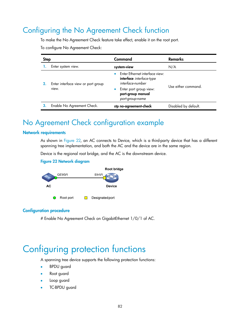 Configuring the no agreement check function, No agreement check configuration example, Network requirements | Configuration procedure, Configuring protection functions | H3C Technologies H3C WX3000E Series Wireless Switches User Manual | Page 92 / 133