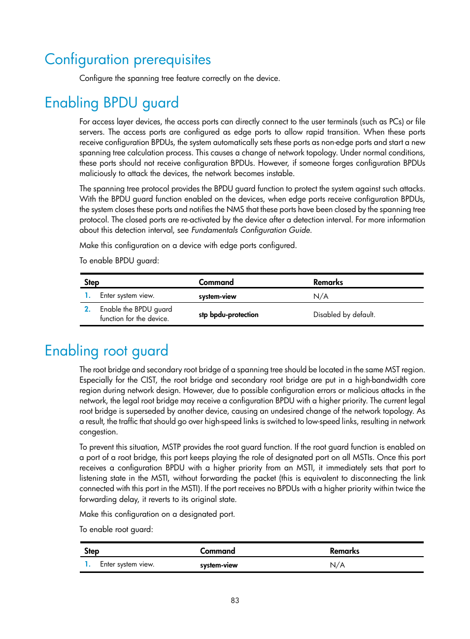 Configuration prerequisites, Enabling bpdu guard, Enabling root guard | H3C Technologies H3C WX3000E Series Wireless Switches User Manual | Page 93 / 133