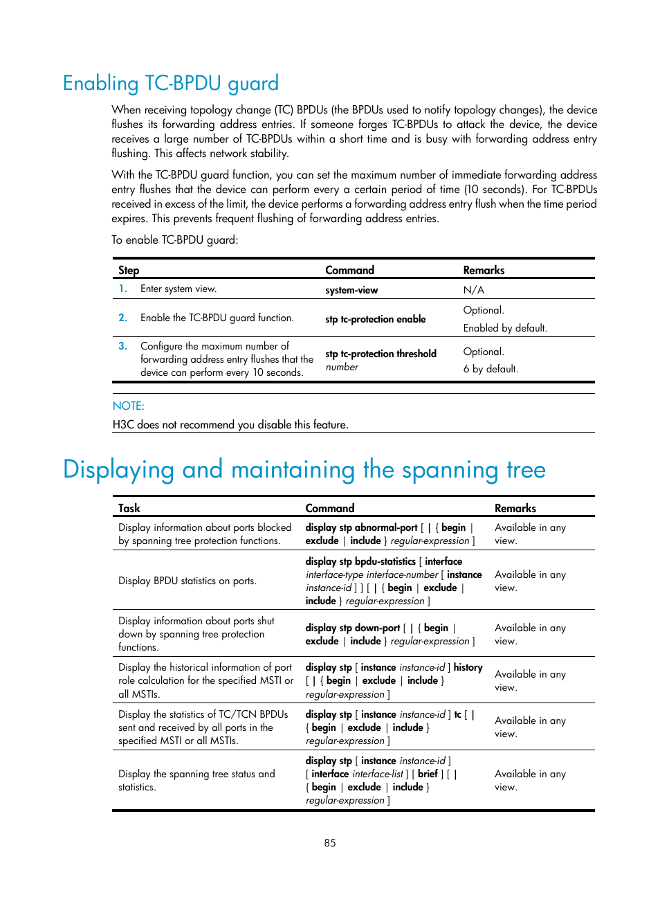 Enabling tc-bpdu guard, Displaying and maintaining the spanning tree | H3C Technologies H3C WX3000E Series Wireless Switches User Manual | Page 95 / 133