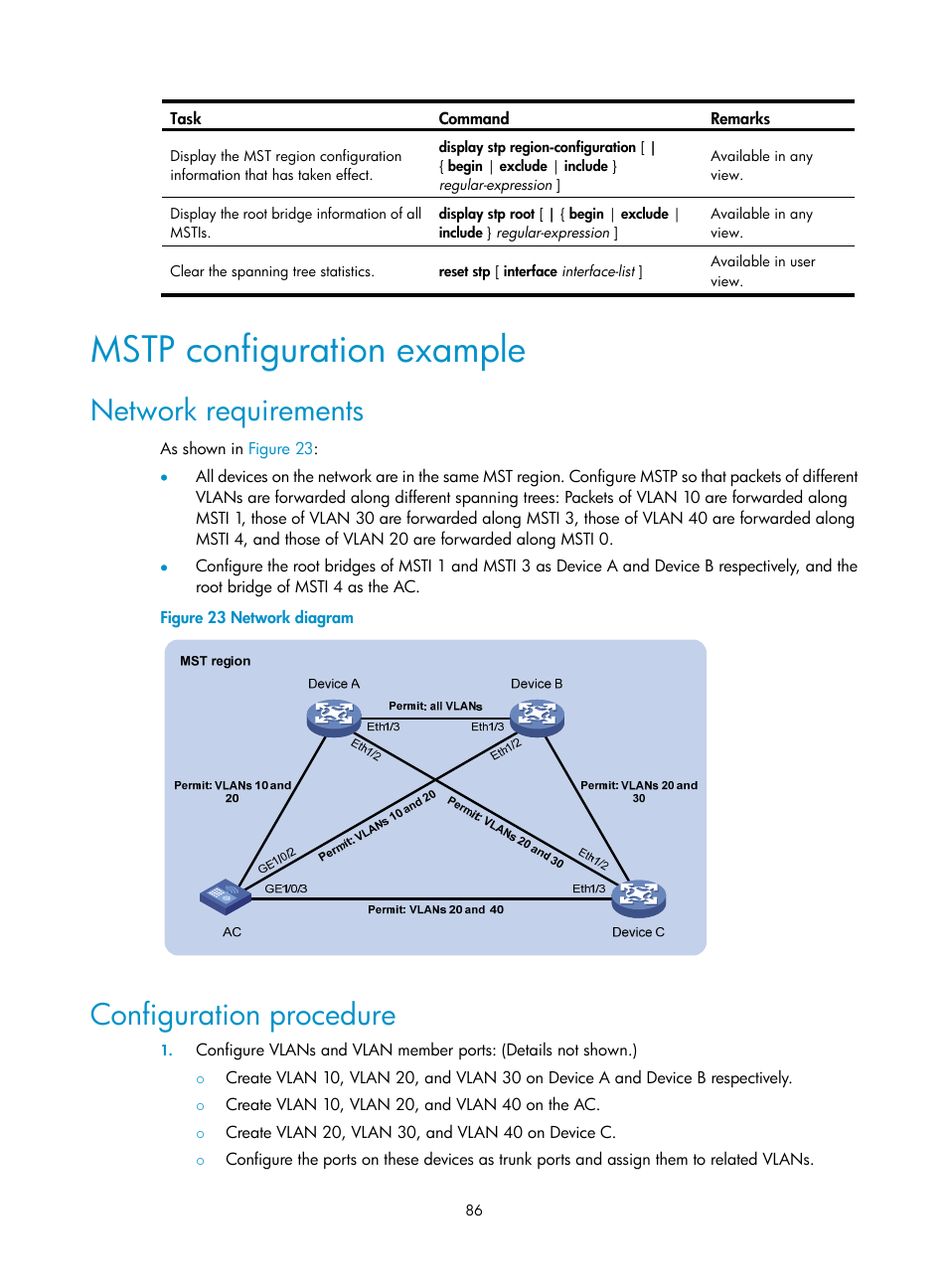 Mstp configuration example, Network requirements, Configuration procedure | H3C Technologies H3C WX3000E Series Wireless Switches User Manual | Page 96 / 133