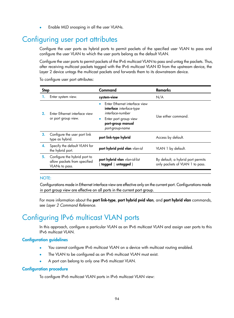 Configuring user port attributes, Configuring ipv6 multicast vlan ports, Configuration guidelines | Configuration procedure | H3C Technologies H3C WX3000E Series Wireless Switches User Manual | Page 103 / 111