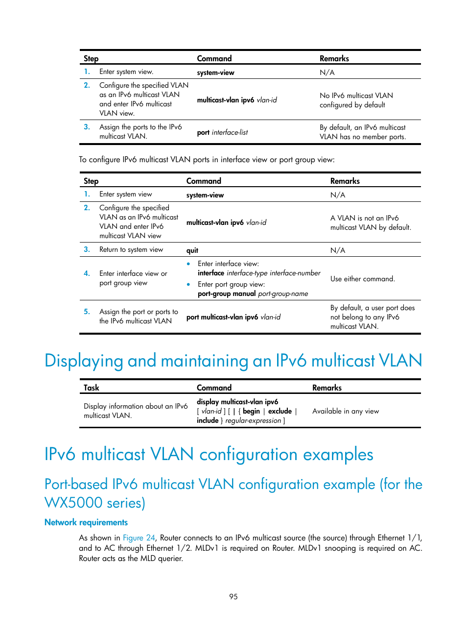 Displaying and maintaining an ipv6 multicast vlan, Ipv6 multicast vlan configuration examples, Network requirements | H3C Technologies H3C WX3000E Series Wireless Switches User Manual | Page 104 / 111