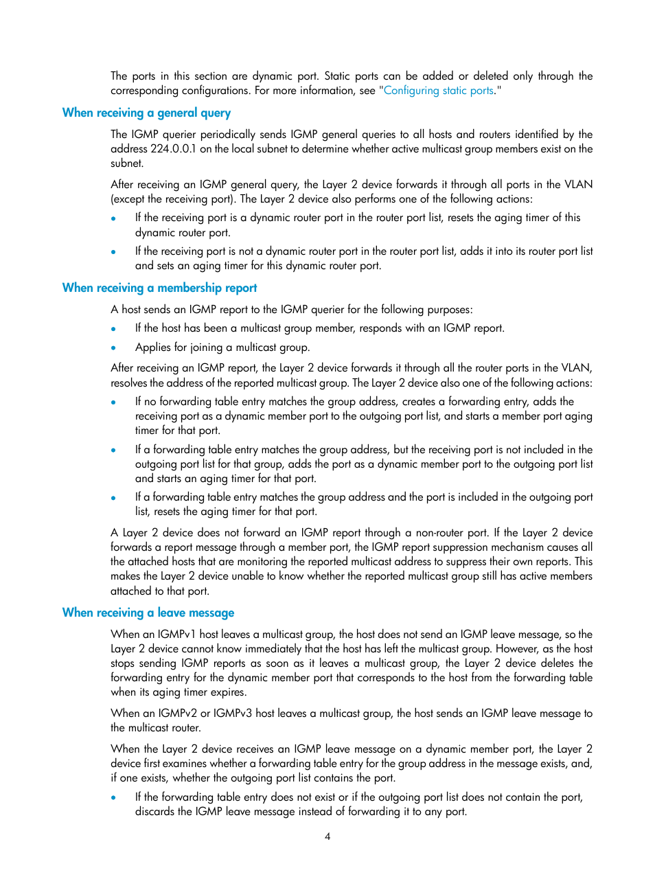 When receiving a general query, When receiving a membership report, When receiving a leave message | H3C Technologies H3C WX3000E Series Wireless Switches User Manual | Page 13 / 111