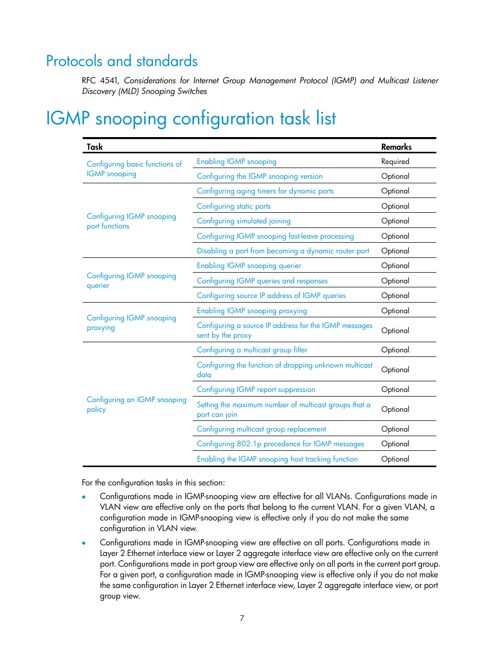 Protocols and standards, Igmp snooping configuration task list | H3C Technologies H3C WX3000E Series Wireless Switches User Manual | Page 16 / 111