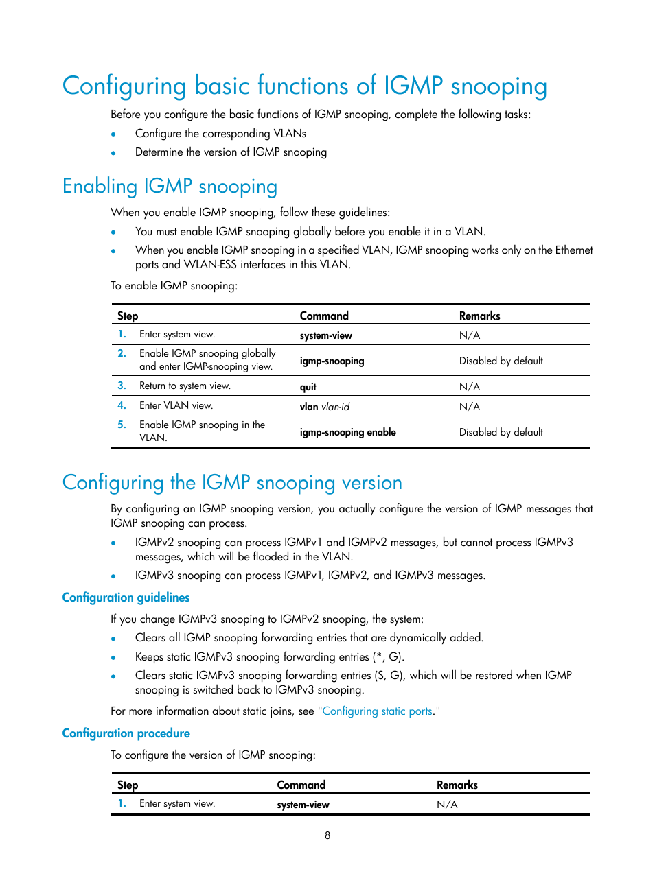 Configuring basic functions of igmp snooping, Enabling igmp snooping, Configuring the igmp snooping version | Configuration guidelines, Configuration procedure | H3C Technologies H3C WX3000E Series Wireless Switches User Manual | Page 17 / 111