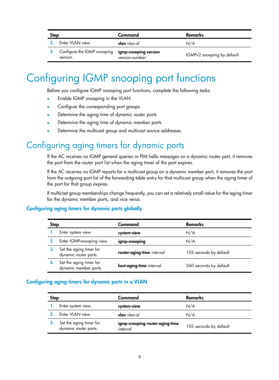 Configuring igmp snooping port functions, Configuring aging timers for dynamic ports | H3C Technologies H3C WX3000E Series Wireless Switches User Manual | Page 18 / 111