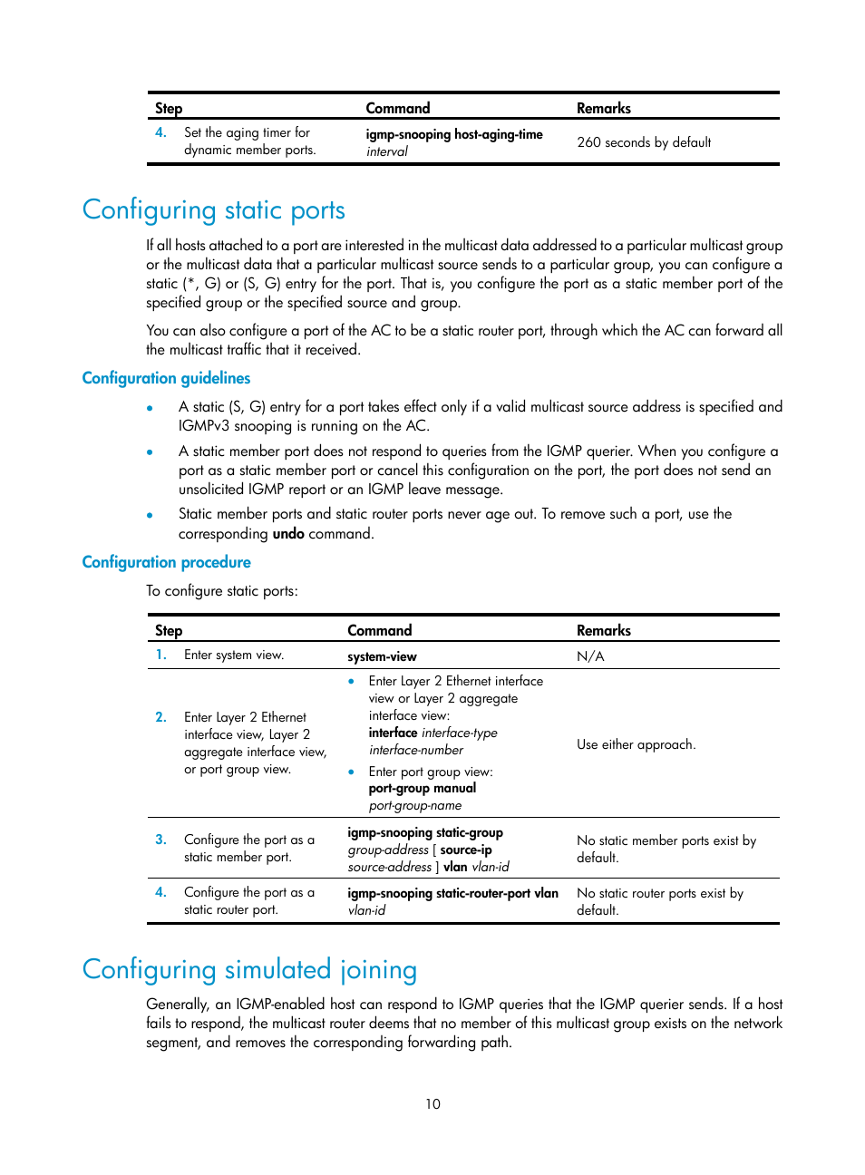 Configuring static ports, Configuration guidelines, Configuration procedure | Configuring simulated joining | H3C Technologies H3C WX3000E Series Wireless Switches User Manual | Page 19 / 111