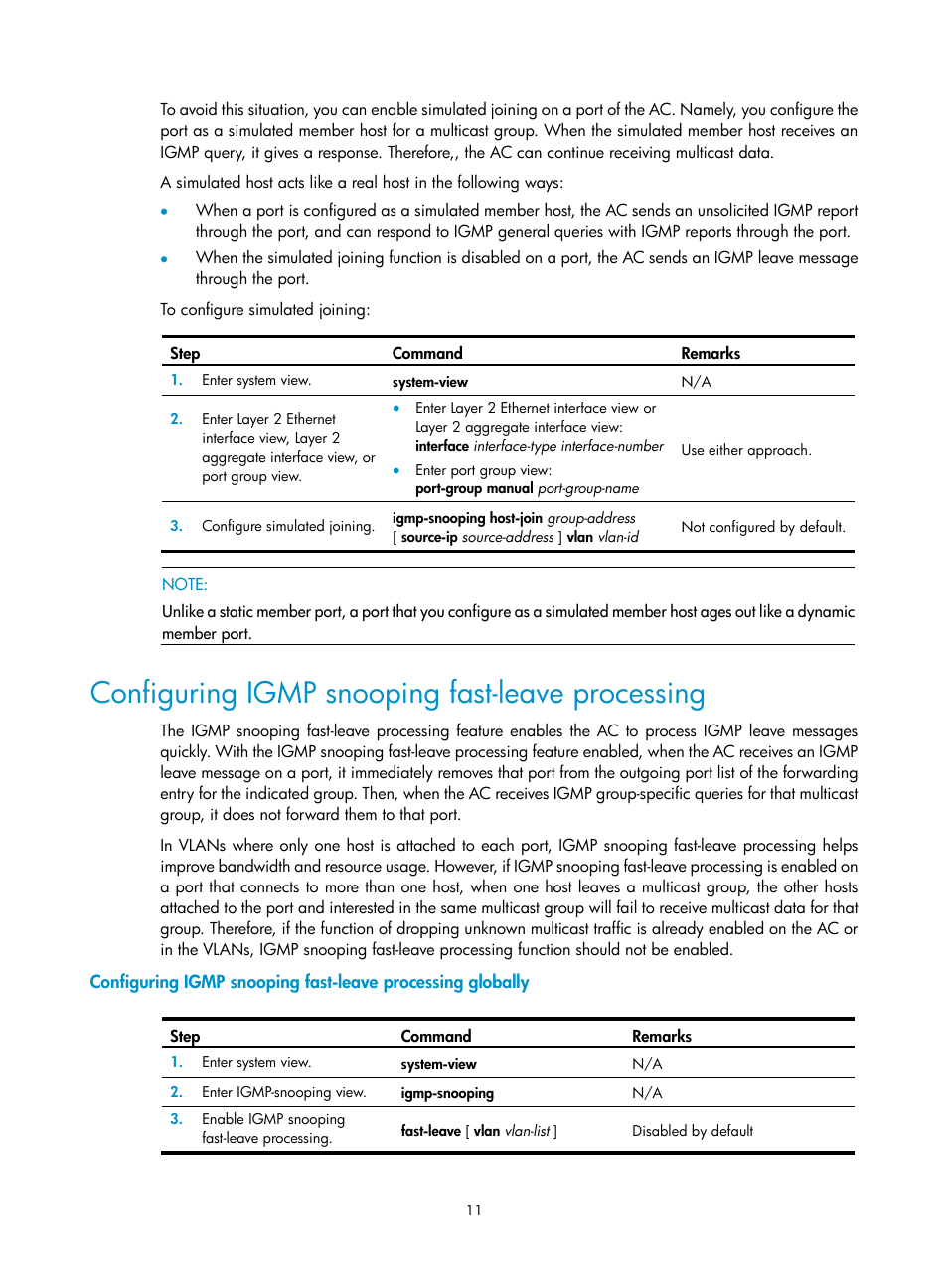 Configuring igmp snooping fast-leave processing | H3C Technologies H3C WX3000E Series Wireless Switches User Manual | Page 20 / 111