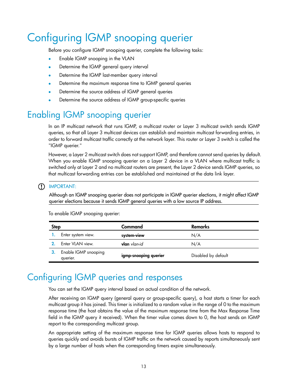 Configuring igmp snooping querier, Enabling igmp snooping querier, Configuring igmp queries and responses | H3C Technologies H3C WX3000E Series Wireless Switches User Manual | Page 22 / 111