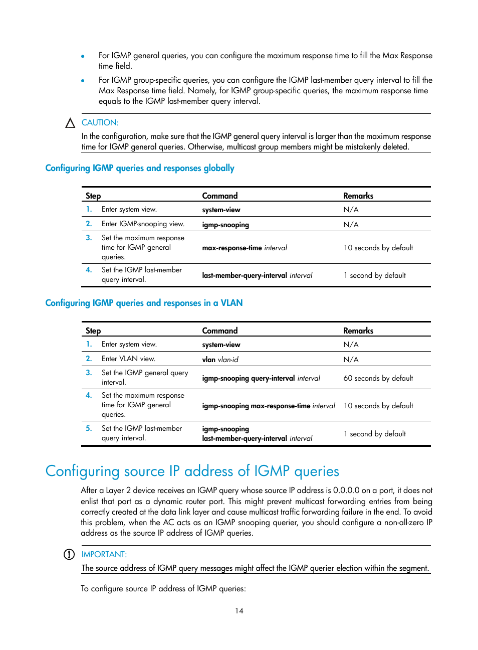 Configuring igmp queries and responses globally, Configuring igmp queries and responses in a vlan, Configuring source ip address of igmp queries | H3C Technologies H3C WX3000E Series Wireless Switches User Manual | Page 23 / 111