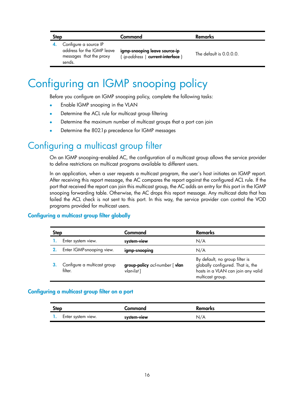 Configuring an igmp snooping policy, Configuring a multicast group filter, Configuring a multicast group filter globally | Configuring a multicast group filter on a port | H3C Technologies H3C WX3000E Series Wireless Switches User Manual | Page 25 / 111