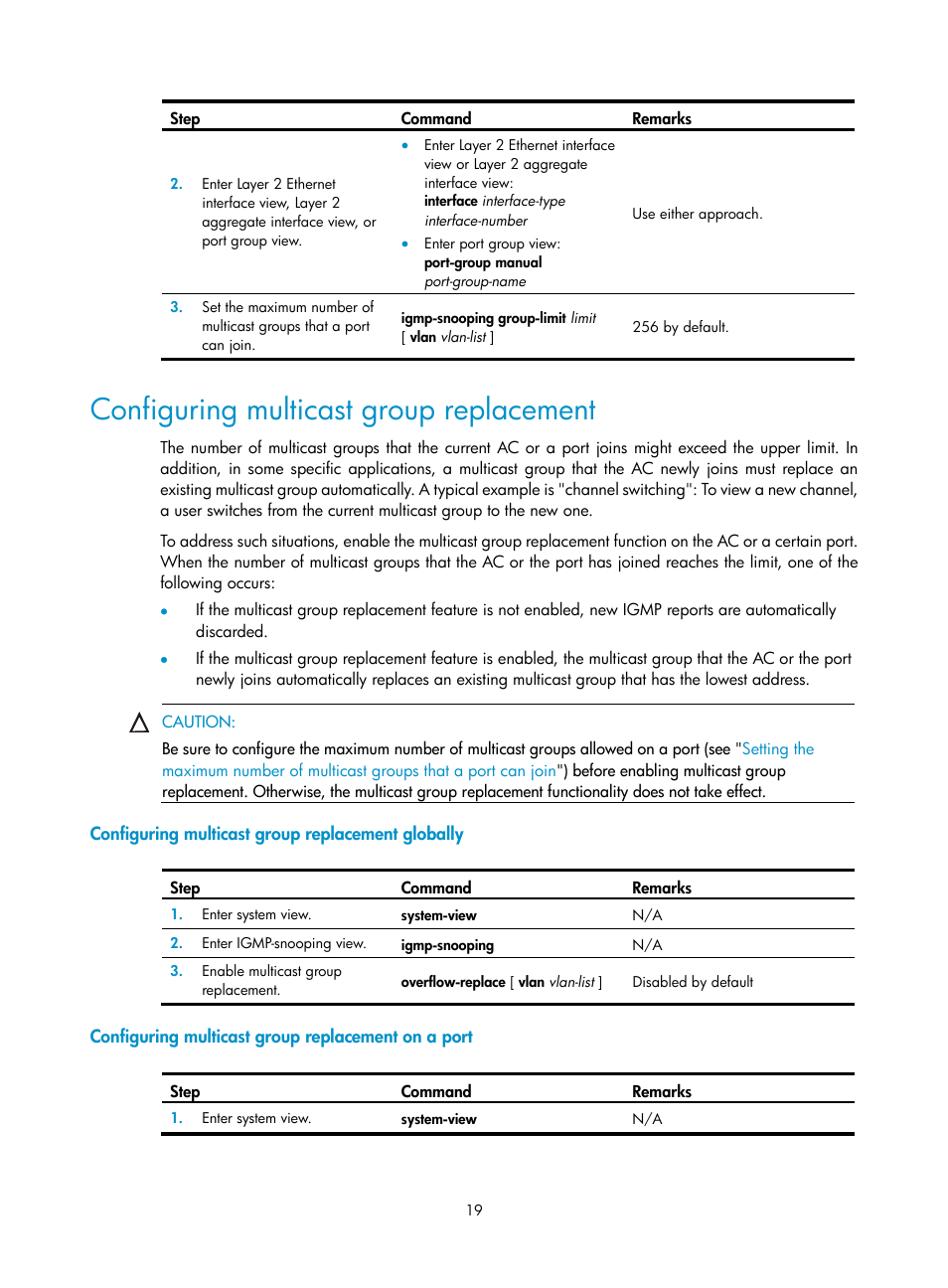 Configuring multicast group replacement, Configuring multicast group replacement globally, Configuring multicast group replacement on a port | H3C Technologies H3C WX3000E Series Wireless Switches User Manual | Page 28 / 111