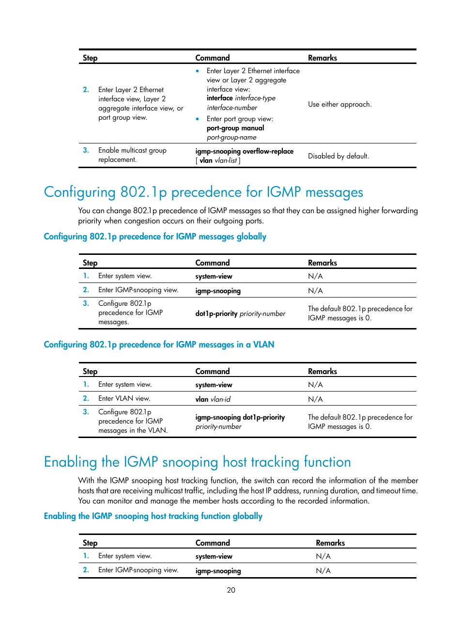 Configuring 802.1p precedence for igmp messages, Enabling the igmp snooping host tracking function | H3C Technologies H3C WX3000E Series Wireless Switches User Manual | Page 29 / 111