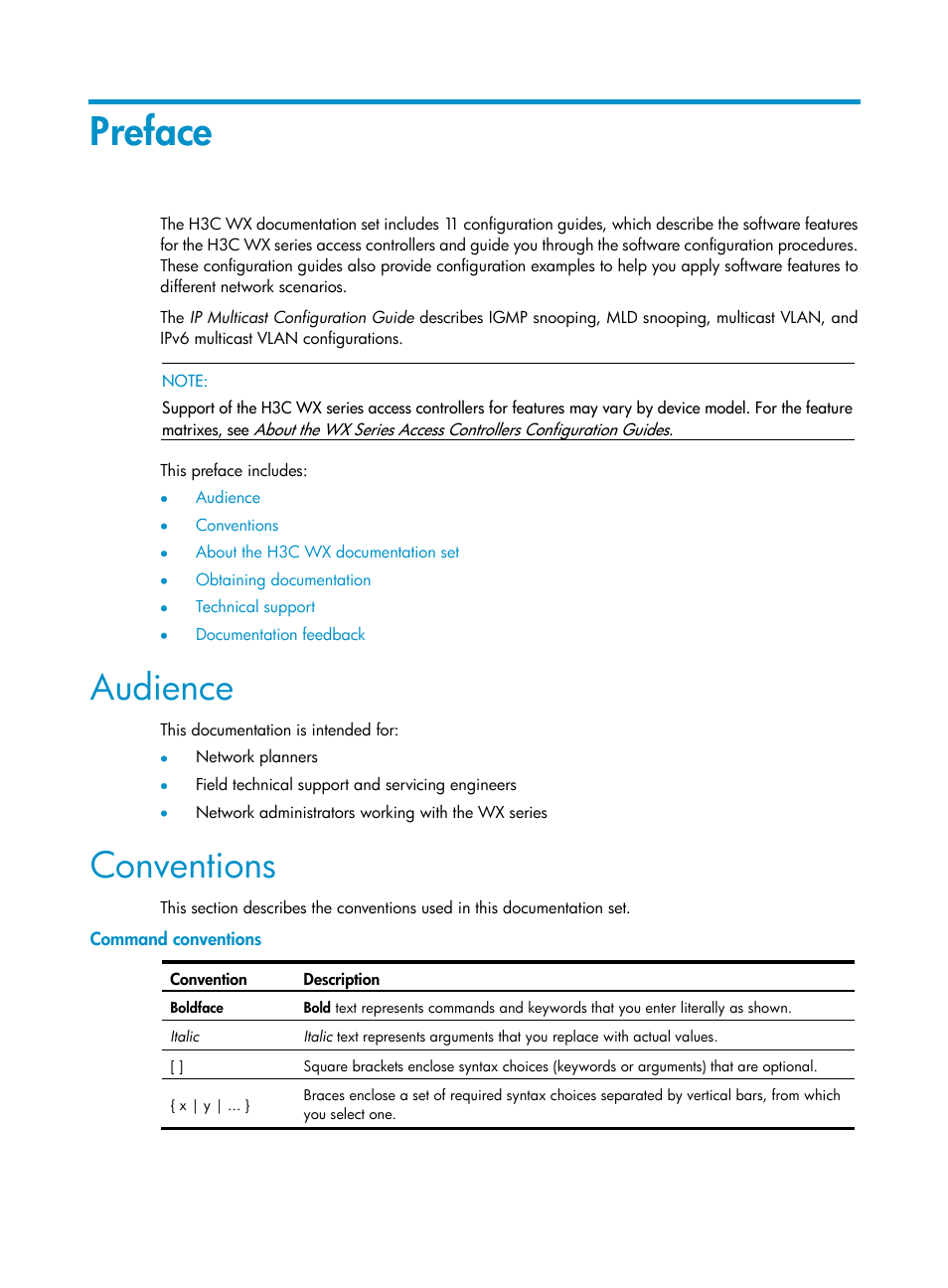 Preface, Audience, Conventions | Command conventions | H3C Technologies H3C WX3000E Series Wireless Switches User Manual | Page 3 / 111