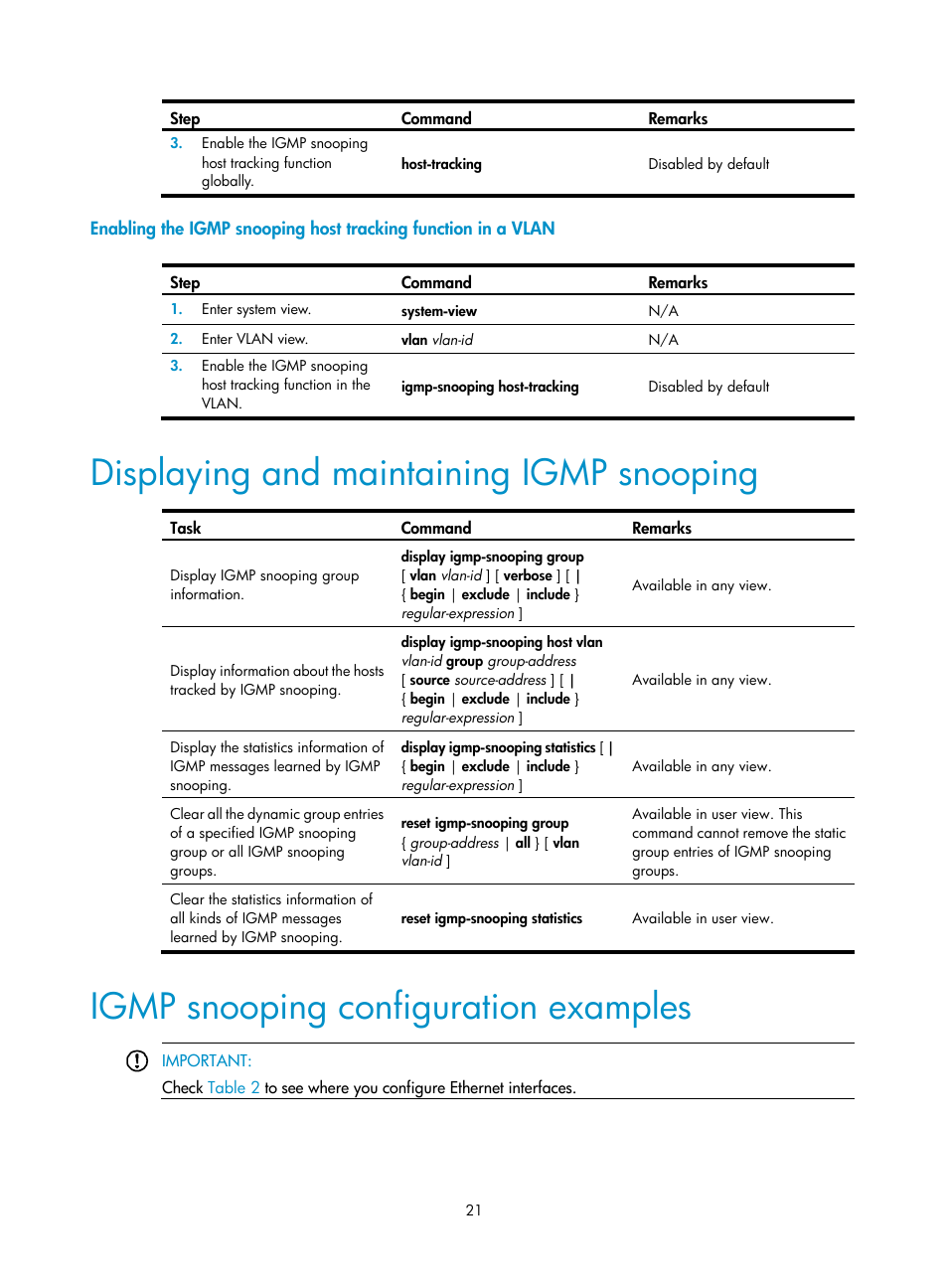 Displaying and maintaining igmp snooping, Igmp snooping configuration examples | H3C Technologies H3C WX3000E Series Wireless Switches User Manual | Page 30 / 111