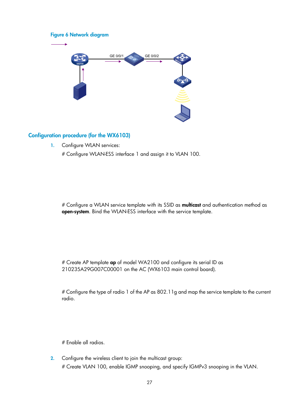 Configuration procedure (for the wx6103) | H3C Technologies H3C WX3000E Series Wireless Switches User Manual | Page 36 / 111