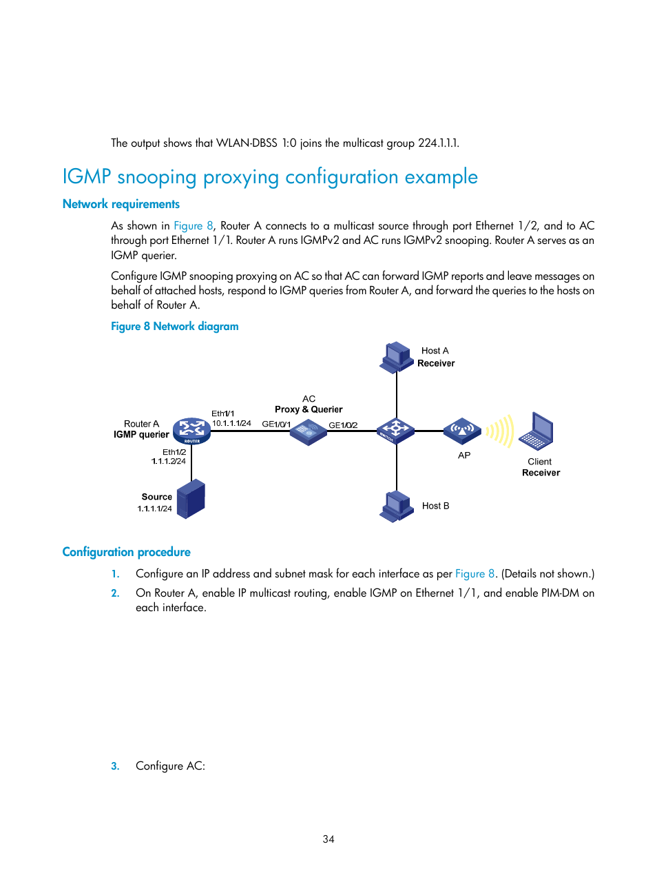 Igmp snooping proxying configuration example, Network requirements, Configuration procedure | H3C Technologies H3C WX3000E Series Wireless Switches User Manual | Page 43 / 111
