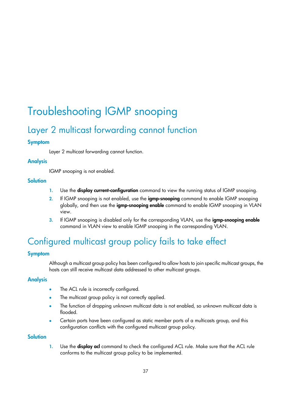 Troubleshooting igmp snooping, Layer 2 multicast forwarding cannot function, Symptom | Analysis, Solution | H3C Technologies H3C WX3000E Series Wireless Switches User Manual | Page 46 / 111